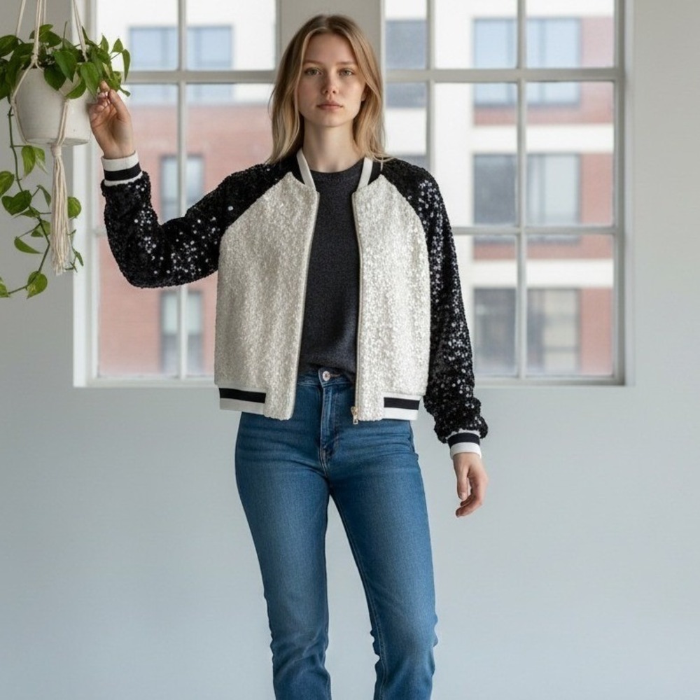 Alice + Olivia Colorblock Sequin Bomber Jacket Striped Trim Cropped NWT Sz 2
